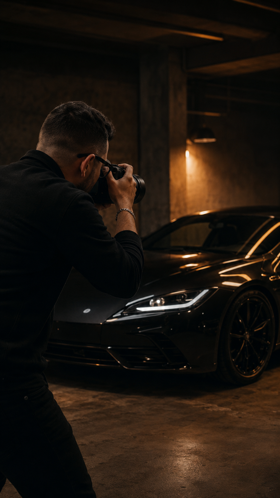 Behind the scenes of a photographer shooting a black car in a garage