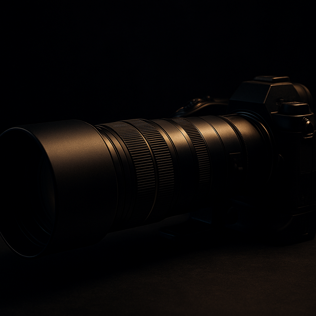 Professional camera and telephoto lens on a dark surface