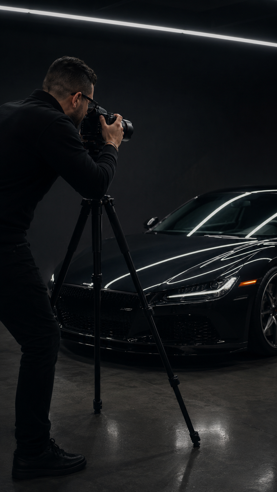 Photographer on a tripod shooting a car in a studio