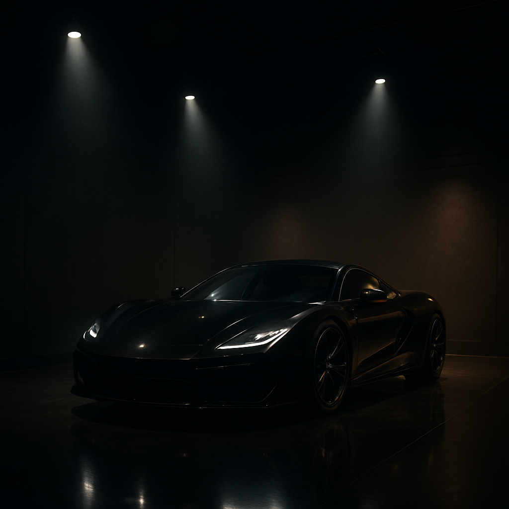 Dark studio showroom with a sports car under spotlights
