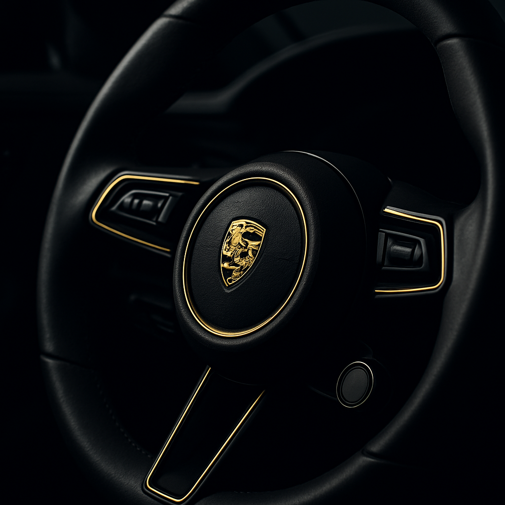 Close-up of a luxury car steering wheel
