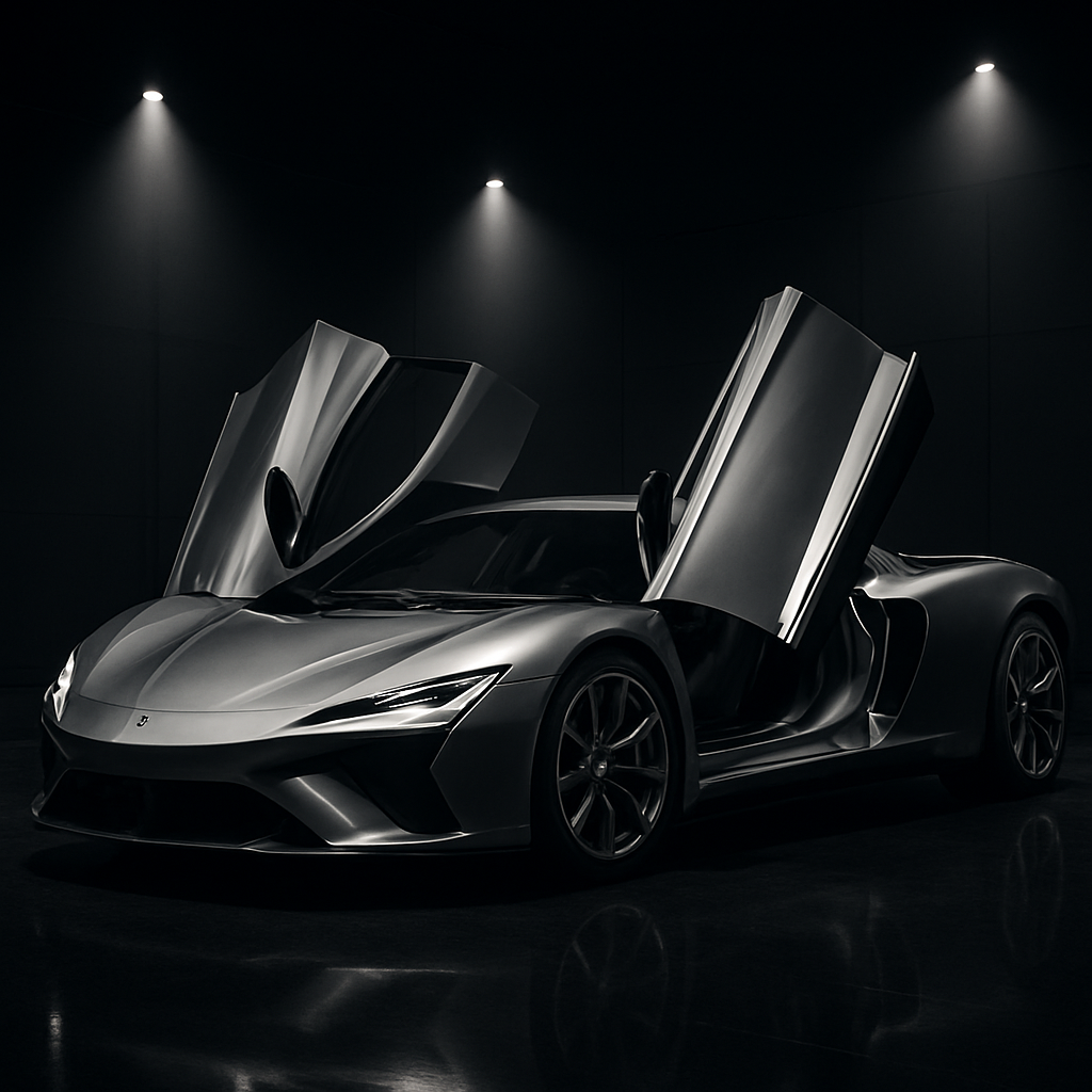 Silver supercar with doors open in a showroom